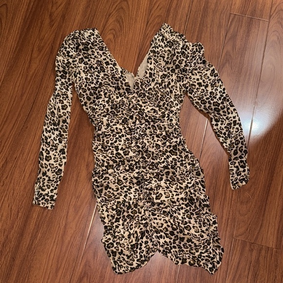 Nicholas Gathered Dress In Leopard Print Brown Mini Ruched Size US 4 Italy 40 - Picture 2 of 11